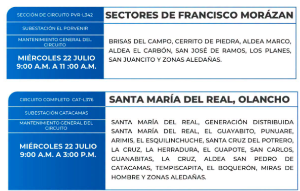 Lista de colonias que no tendrán luz este miércoles debido a cortes de energía eléctrica programados por la ENEE