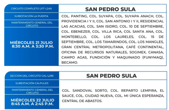 Lista de colonias que no tendrán luz este miércoles debido a cortes de energía eléctrica programados por la ENEE