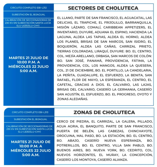Lista de colonias que no tendrán luz este miércoles debido a cortes de energía eléctrica programados por la ENEE