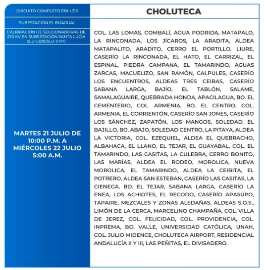Lista de colonias que no tendrán luz este miércoles debido a cortes de energía eléctrica programados por la ENEE