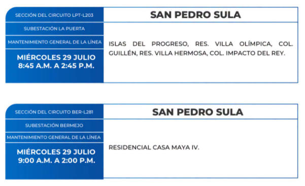 Lista de colonias que no tendrán luz este miércoles debido a cortes de energía eléctrica programados por la ENEE