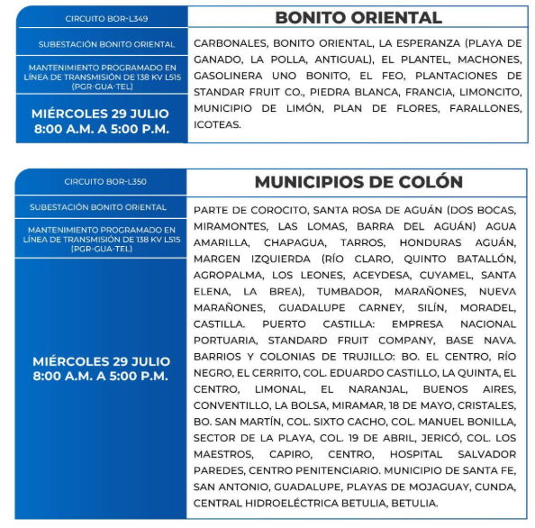 Lista de colonias que no tendrán luz este miércoles debido a cortes de energía eléctrica programados por la ENEE