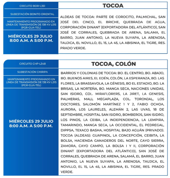 Lista de colonias que no tendrán luz este miércoles debido a cortes de energía eléctrica programados por la ENEE