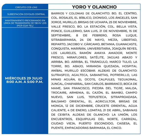 Lista de colonias que no tendrán luz este miércoles debido a cortes de energía eléctrica programados por la ENEE