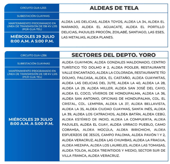 Lista de colonias que no tendrán luz este miércoles debido a cortes de energía eléctrica programados por la ENEE