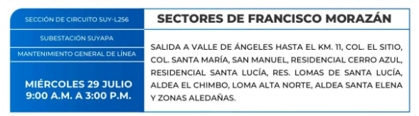 Lista de colonias que no tendrán luz este miércoles debido a cortes de energía eléctrica programados por la ENEE