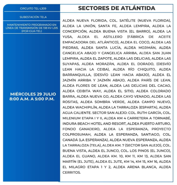 Lista de colonias que no tendrán luz este miércoles debido a cortes de energía eléctrica programados por la ENEE