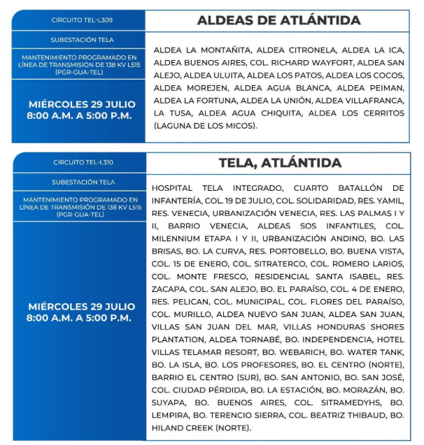 Lista de colonias que no tendrán luz este miércoles debido a cortes de energía eléctrica programados por la ENEE