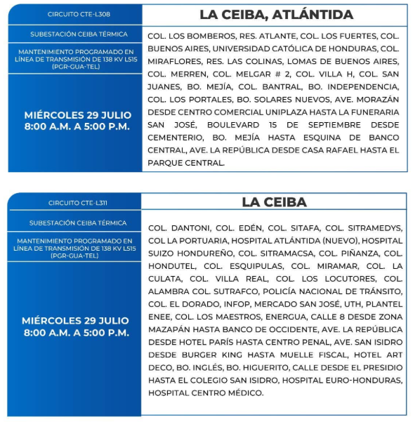Lista de colonias que no tendrán luz este miércoles debido a cortes de energía eléctrica programados por la ENEE