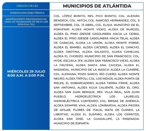 Lista de colonias que no tendrán luz este miércoles debido a cortes de energía eléctrica programados por la ENEE