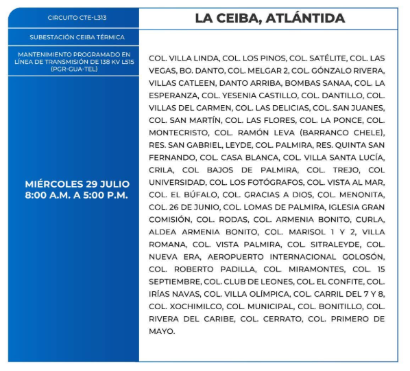 Lista de colonias que no tendrán luz este miércoles debido a cortes de energía eléctrica programados por la ENEE