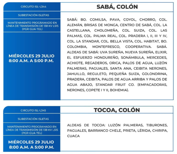 Lista de colonias que no tendrán luz este miércoles debido a cortes de energía eléctrica programados por la ENEE