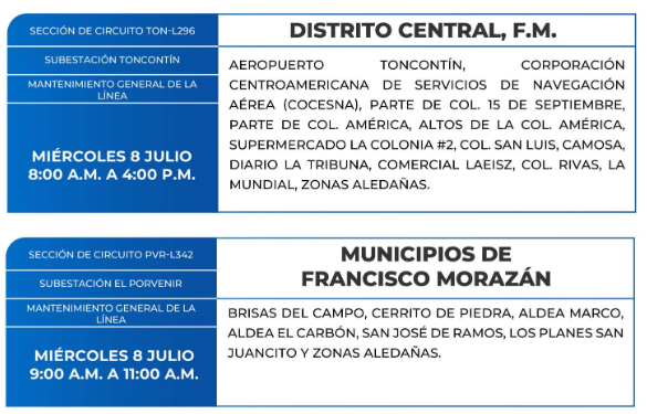 Lista de colonias que no tendrán luz este miércoles debido a cortes de energía eléctrica programados por la ENEE