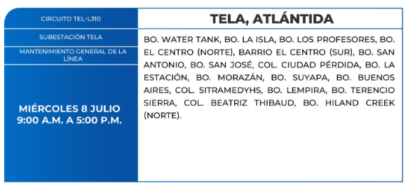 Lista de colonias que no tendrán luz este miércoles debido a cortes de energía eléctrica programados por la ENEE