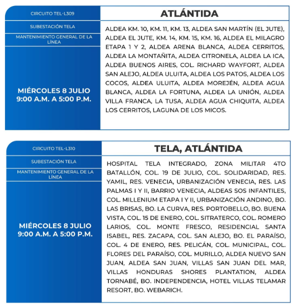 Lista de colonias que no tendrán luz este miércoles debido a cortes de energía eléctrica programados por la ENEE
