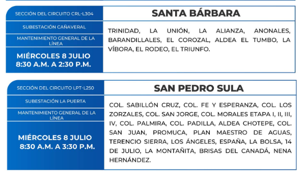 Lista de colonias que no tendrán luz este miércoles debido a cortes de energía eléctrica programados por la ENEE