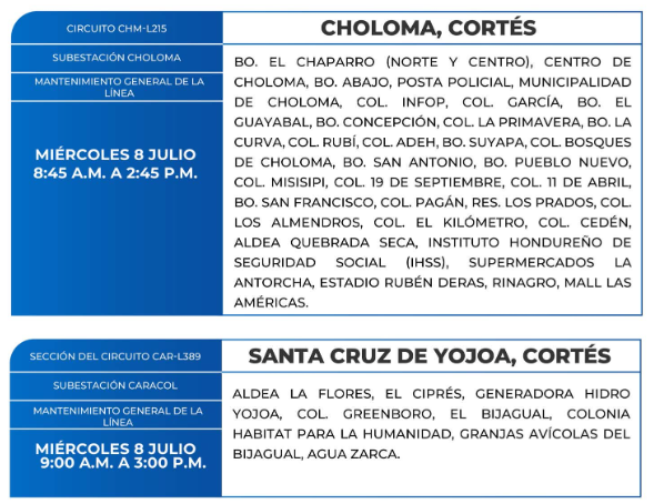 Lista de colonias que no tendrán luz este miércoles debido a cortes de energía eléctrica programados por la ENEE