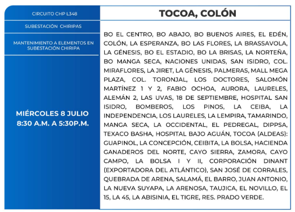 Lista de colonias que no tendrán luz este miércoles debido a cortes de energía eléctrica programados por la ENEE