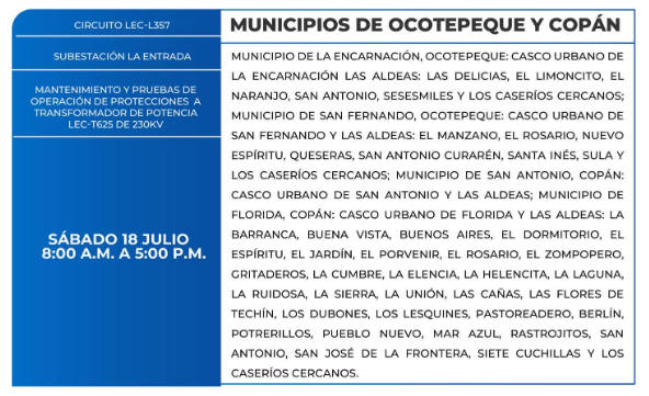 Lista de colonias que no tendrán luz este sábado debido a cortes de energía eléctrica programados por la ENEE