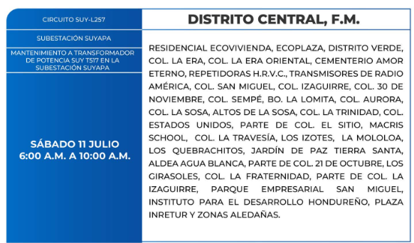 Lista de colonias que no tendrán luz este sábado debido a cortes de energía eléctrica programados por la ENEE