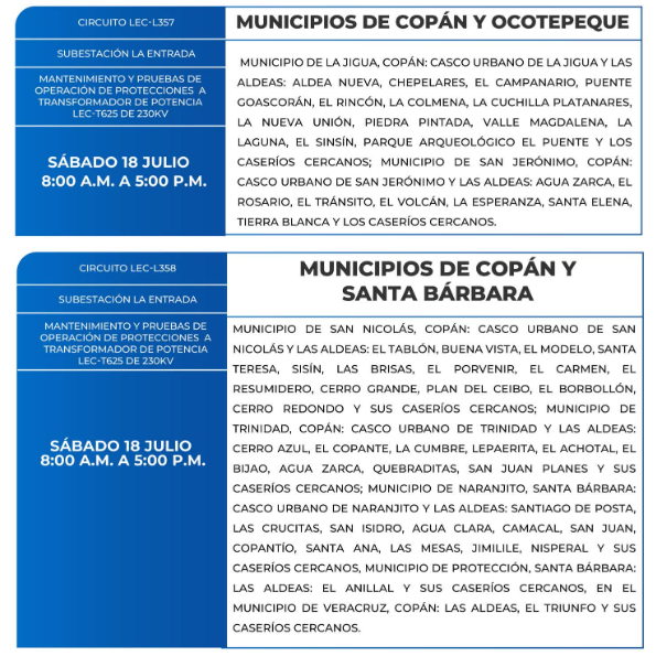 Lista de colonias que no tendrán luz este sábado debido a cortes de energía eléctrica programados por la ENEE
