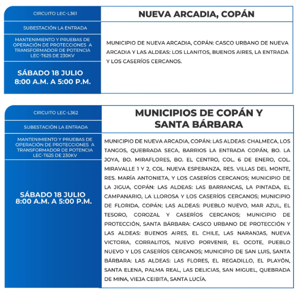 Lista de colonias que no tendrán luz este sábado debido a cortes de energía eléctrica programados por la ENEE