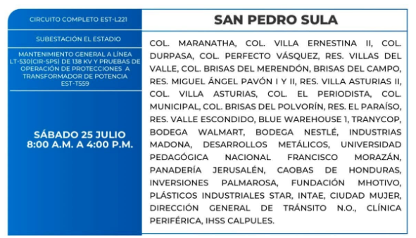 Lista de colonias que no tendrán luz este sábado debido a cortes de energía eléctrica programados por la ENEE
