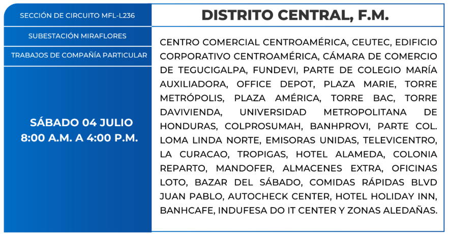 Lista de colonias que no tendrán luz este sábado debido a cortes de energía eléctrica programados por la ENEE