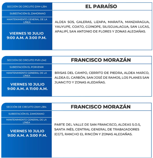 Lista de colonias que no tendrán luz este viernes debido a cortes de energía eléctrica programados por la ENEE