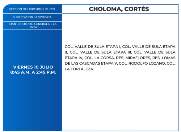 Lista de colonias que no tendrán luz este viernes debido a cortes de energía eléctrica programados por la ENEE