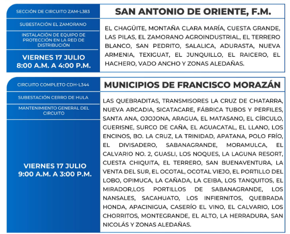 Lista de colonias que no tendrán luz este viernes debido a cortes de energía eléctrica programados por la ENEE