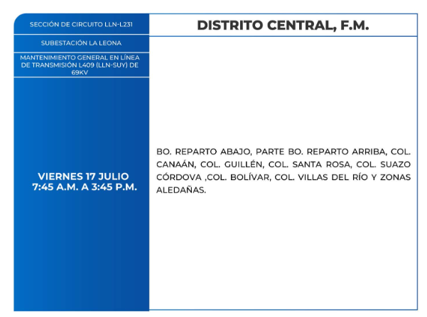 Lista de colonias que no tendrán luz este viernes debido a cortes de energía eléctrica programados por la ENEE
