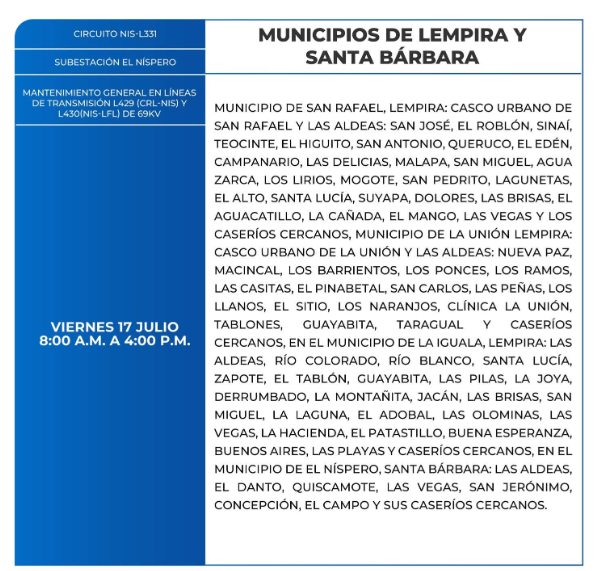 Lista de colonias que no tendrán luz este viernes debido a cortes de energía eléctrica programados por la ENEE