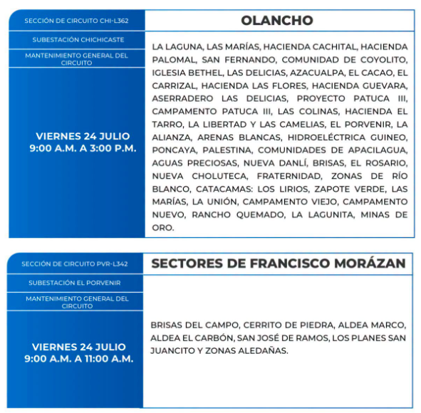 Lista de colonias que no tendrán luz este viernes debido a cortes de energía eléctrica programados por la ENEE