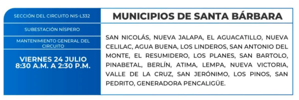 Lista de colonias que no tendrán luz este viernes debido a cortes de energía eléctrica programados por la ENEE