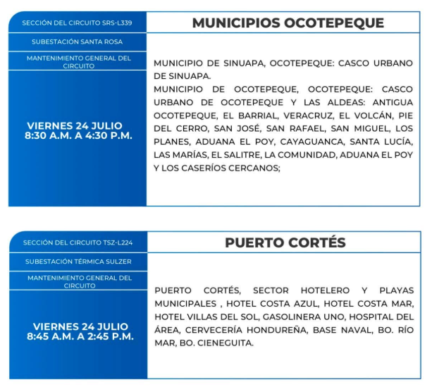 Lista de colonias que no tendrán luz este viernes debido a cortes de energía eléctrica programados por la ENEE