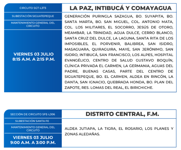 Lista de colonias que no tendrán luz este sábado debido a cortes de energía eléctrica programados por la ENEE