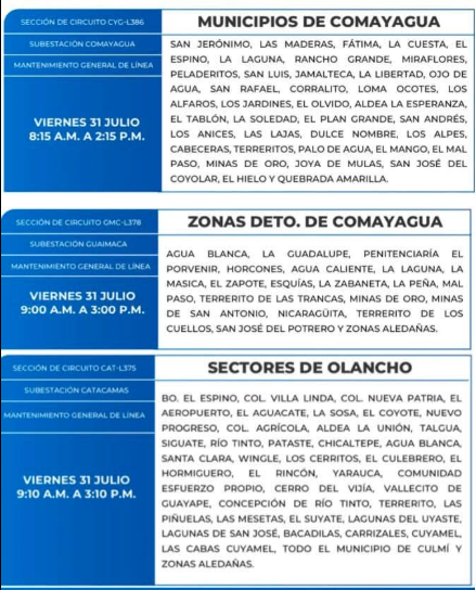 Lista de colonias que no tendrán luz este viernes debido a cortes de energía eléctrica programados por la ENEE