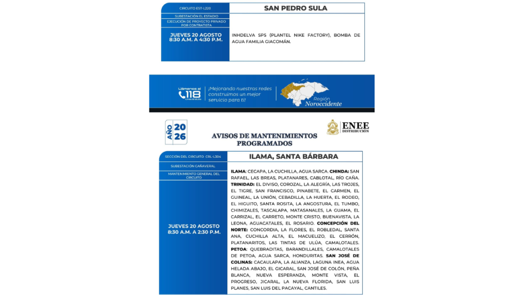 Cortes de energía programados San Pedro Sula.
