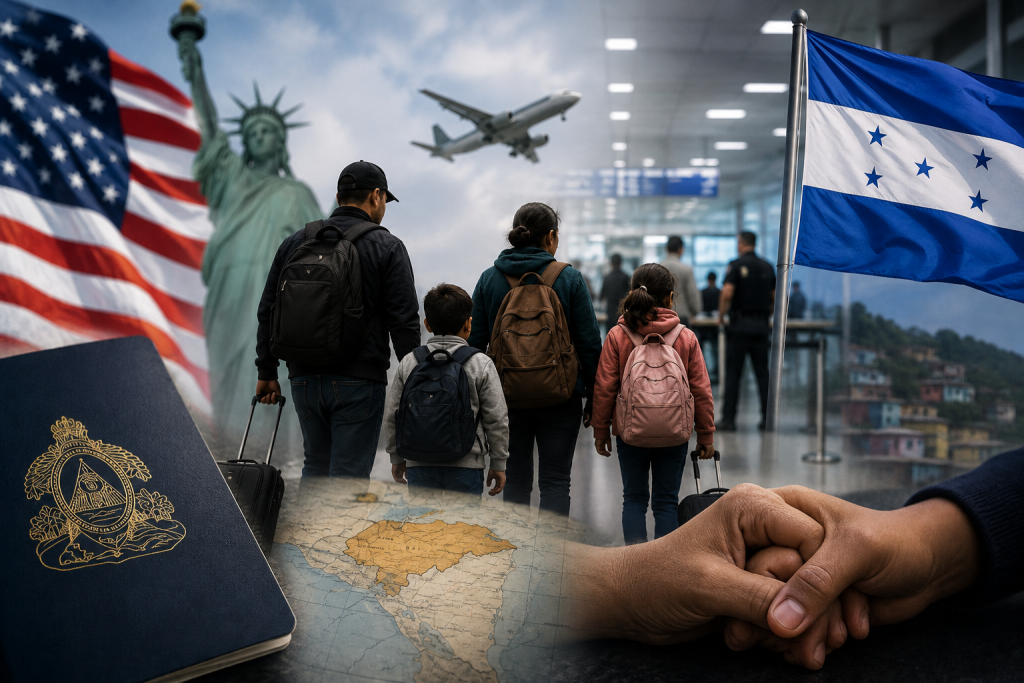 Imagen creada con IA que muestra a una familia hondureña con maletas en un aeropuerto.
