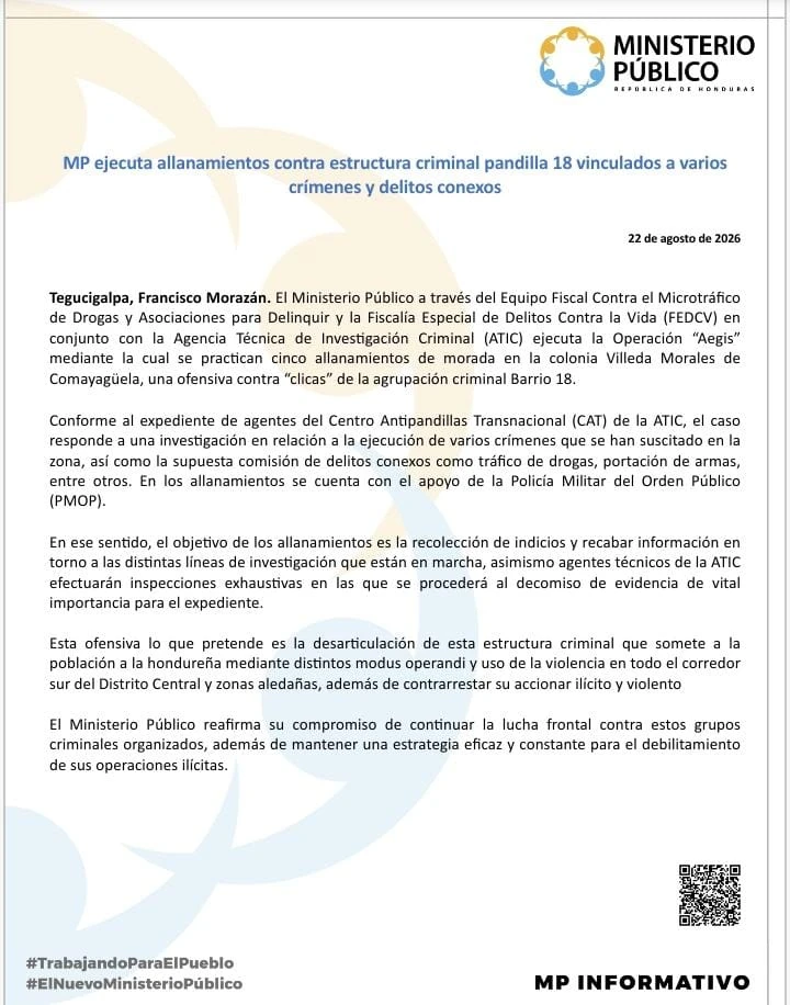 Comunicado del MP sobre operación Aegis