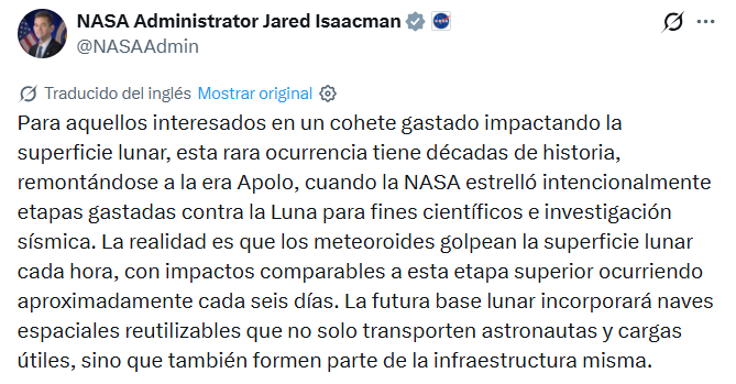 Captura de pantalla de una publicación de la NASA sobre el impacto de un cohete en la Luna