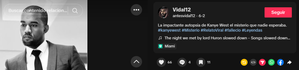 Captura de pantalla de una publicación en la que se dice que Kanye West murió hoy en 2026, aunque no es verdad que el cantante estadounidense falleció porque está vivo