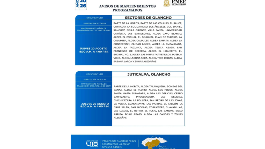 Cortes de energía programados en Olancho.