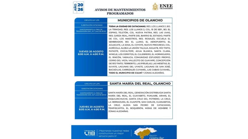 Cortes de energía programados en Olancho.