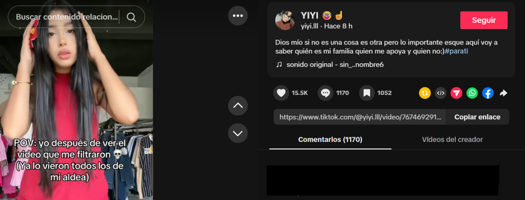 Captura de pantalla de una publicación tras el video filtrado de La Yiyi que es viral en Twitter, Telegram y Ltube, precisamente la reacción de la tiktoker hondureña al respecto