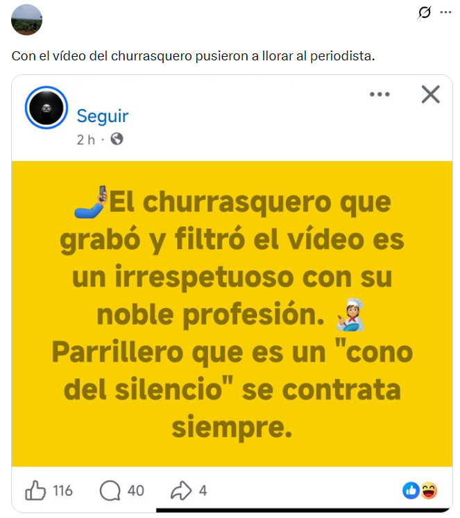 Captura de pantalla de una publicación en la que se habla sobre el video del churrasquero en Santa Cruz, mismo que es viral en Twitter y Telegram al mostrar lo que grabó el parrillero en el jueves de frater