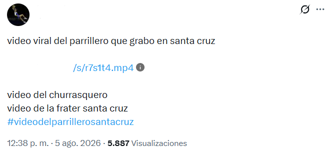Captura de pantalla de una publicación en la que se habla sobre el video sin censura del parrillero en Santa Cruz, mismo que es viral en Twitter y Telegram al mostrar lo que grabó el churrasquero en el jueves de frater