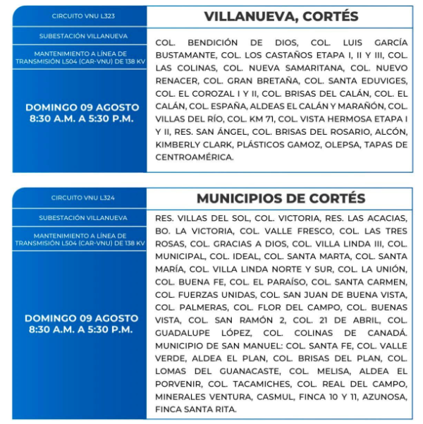 Lista de colonias que no tendrán luz este domingo debido a cortes de energía eléctrica programados por la ENEE