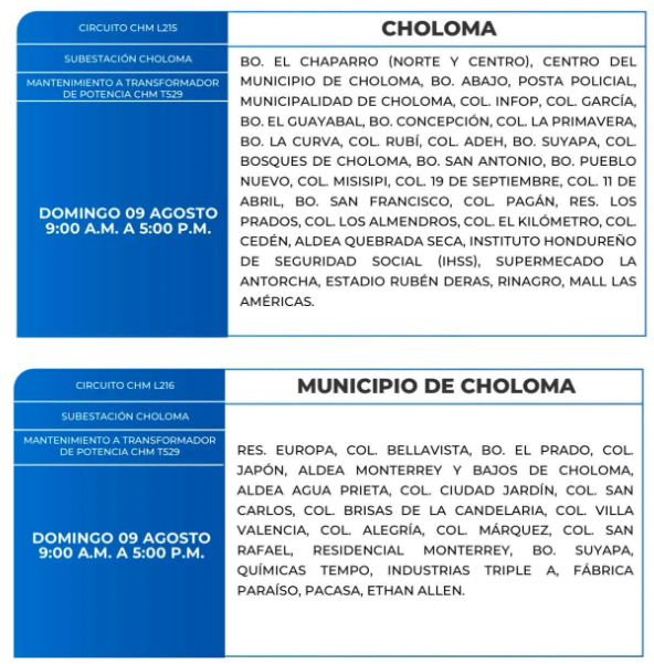 Lista de colonias que no tendrán luz este domingo debido a cortes de energía eléctrica programados por la ENEE